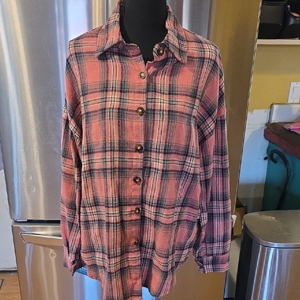 Pink Plaid Button-Up Flannel Shirt